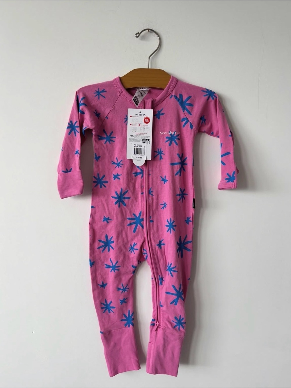 Bonds Pink Zip-Front One-Piece with Blue Starburst Print